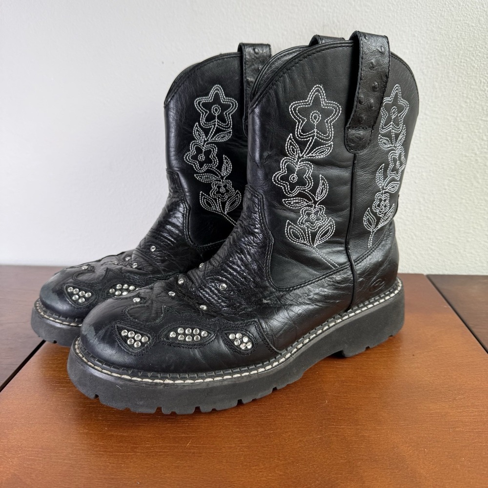 Roper Leather Women's Boots Embroidered Size 8 Black Flower Cowgirl‎ Western